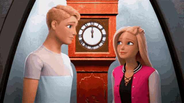 a man and a woman are looking at each other in front of a clock with roman numerals on it