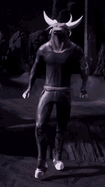 a cartoon character with a bull 's head and horns is standing on one leg