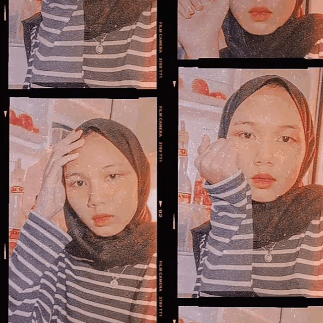 a girl is wearing a striped shirt and a hijab and has a film camera label on the bottom