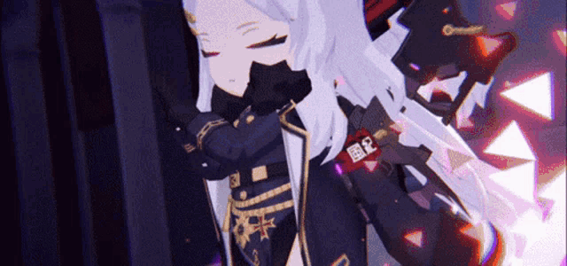 a girl with long white hair is standing in a dark room with a purple background
