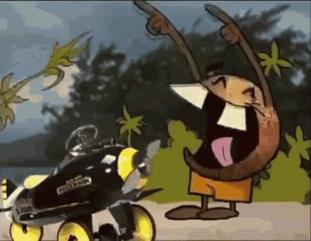 a cartoon character is standing next to a toy car that says ' eddie ' on it