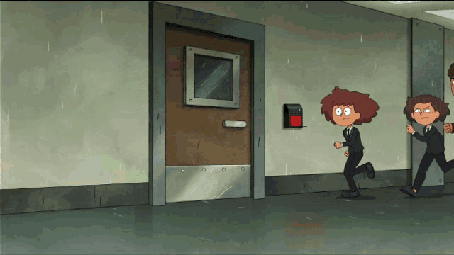 a couple of cartoon characters running in a hallway in front of a door