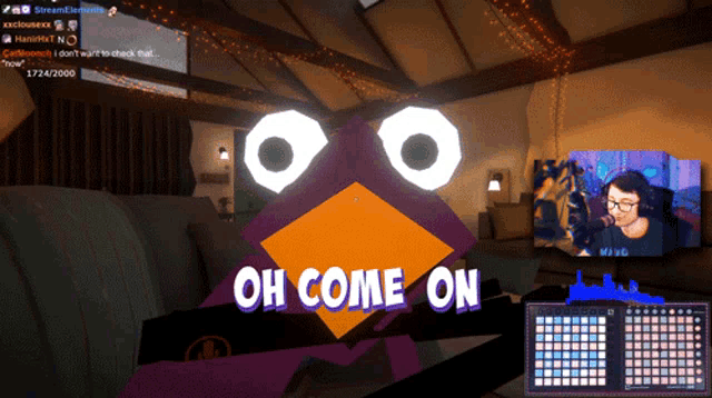 a computer screen says oh come on in front of a cartoon bird
