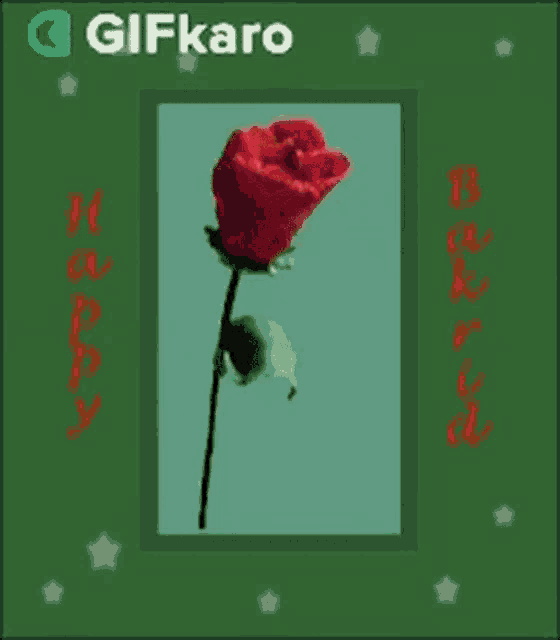 a red rose is sitting on a green background with the words happy birthday written on it .