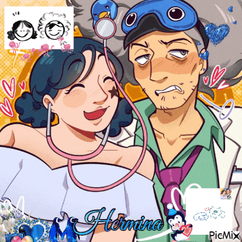 a cartoon of a man and a woman with the name hermina on the bottom right
