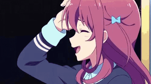a girl with pink hair and a blue bow in her hair is smiling and holding her hand to her forehead .