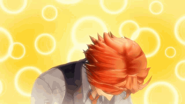 a man with red hair is smiling with circles behind him
