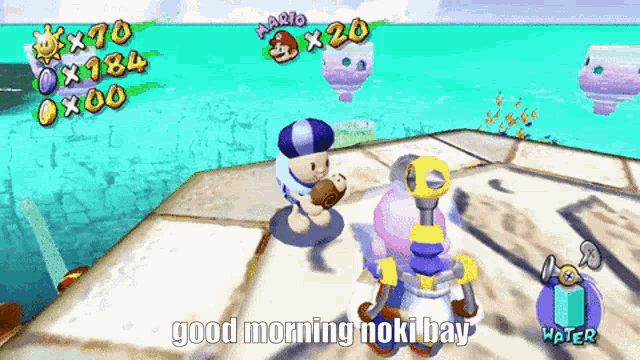 a video game says good morning noki bay at the bottom of the screen