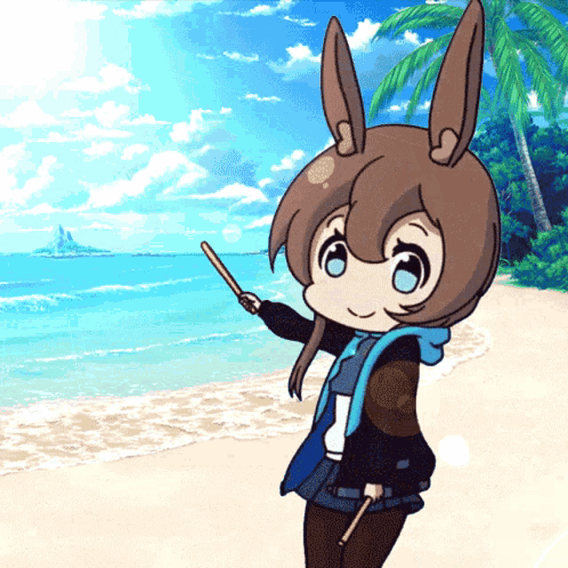 a cartoon girl with bunny ears is standing on a beach holding a stick