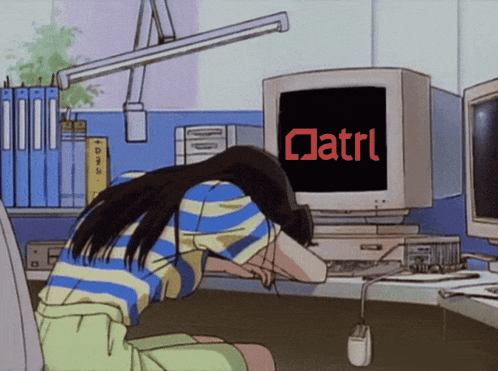a girl is sitting in front of a computer screen that says ' atrl '