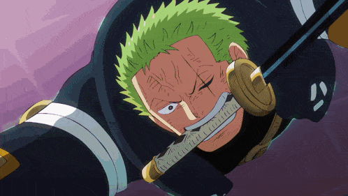a cartoon character with green hair holding a sword