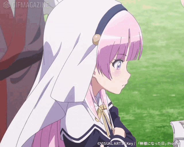 a girl with pink hair is wearing a white headband and a gif magazine logo
