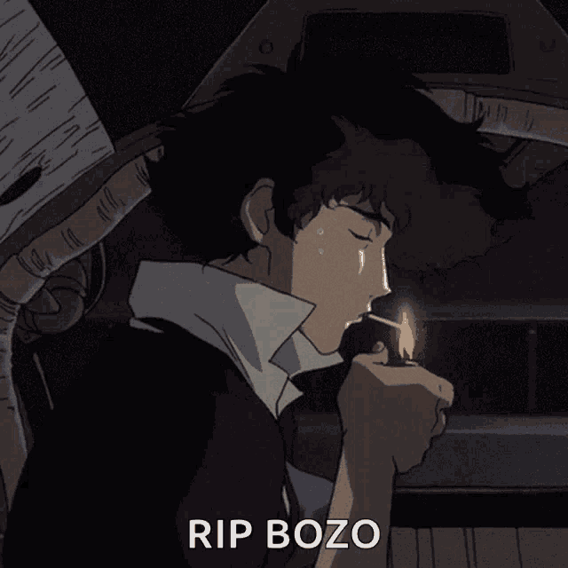 a cowboy bebop character smoking a cigarette with the words rip bozo above him