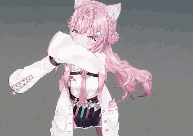 a girl with pink hair and a cat ear is wearing a white outfit