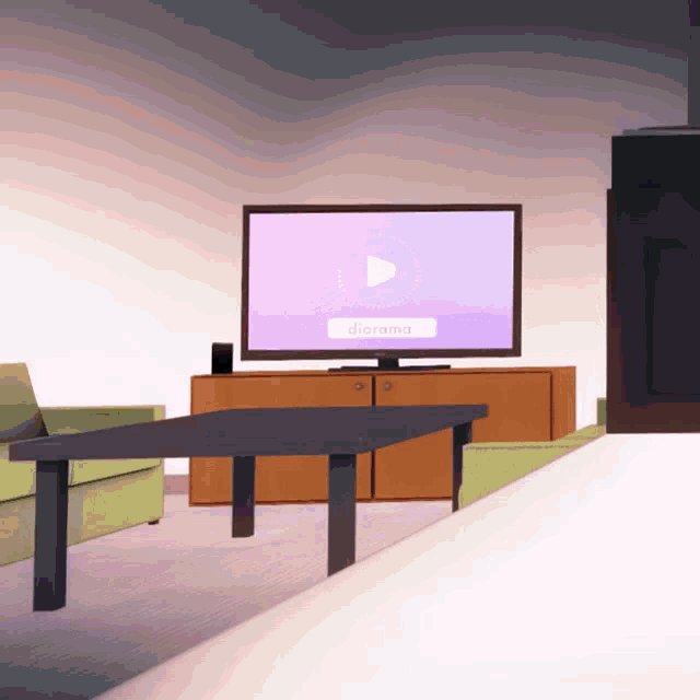 a living room with a flat screen tv that says diorama on it