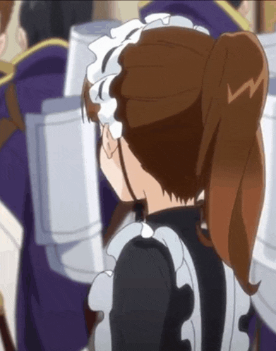 a girl in a maid outfit is standing in front of a row of toilet paper rolls