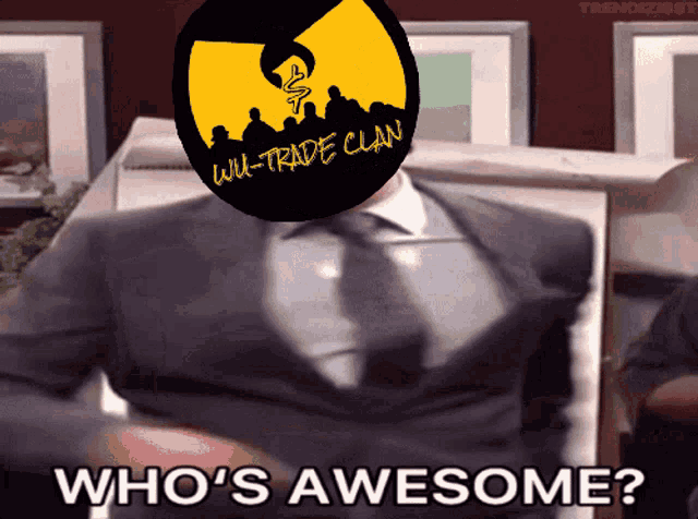 a man in a suit with a wu-trade clan logo on his face