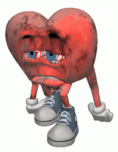 a cartoon heart with arms and legs has a sad look on his face