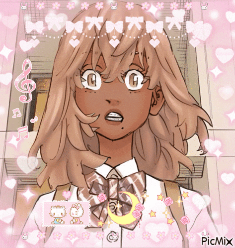 a girl with braces on her teeth is surrounded by pink hearts and hello kitty icons