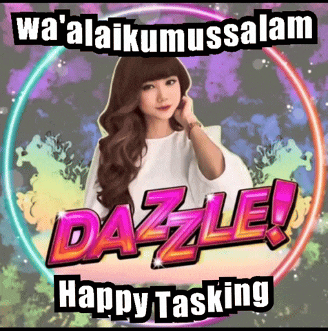 a cartoon of a woman with the words dazzle happy tasking