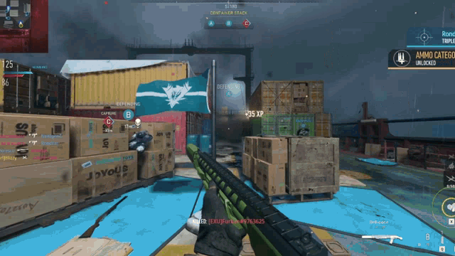 a screenshot of a video game with a flag in the foreground that says j'you 's
