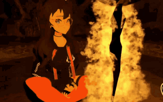 a girl is sitting in front of a fire and a sword