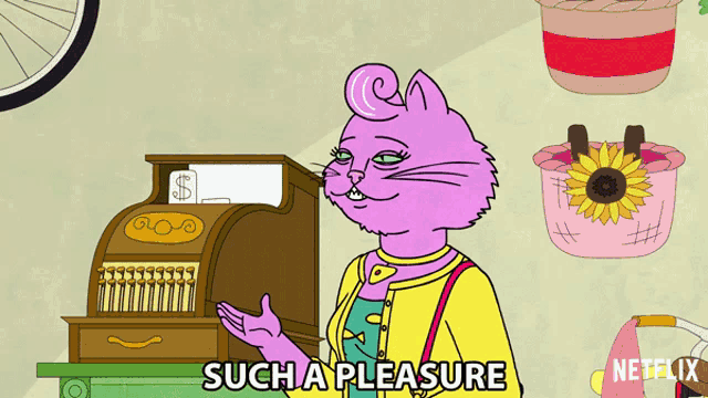 a cartoon cat says such a pleasure next to a cash register