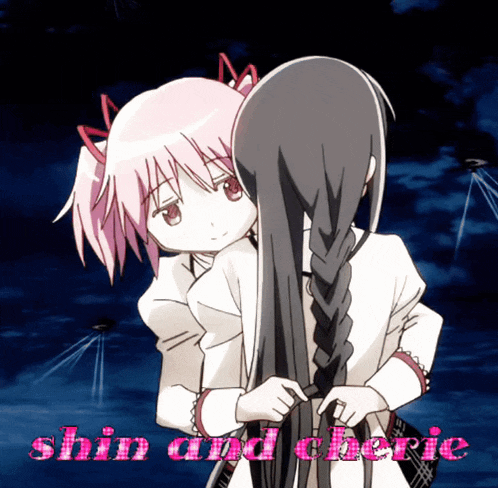 a picture of two anime girls with the words shin and cherie written above them