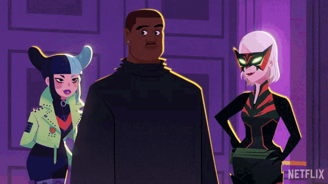 a group of cartoon characters standing next to each other with netflix written on the bottom