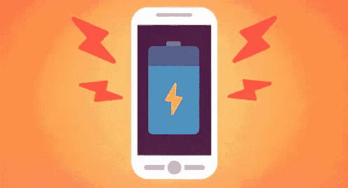 an illustration of a cell phone with a battery and lightning bolts surrounding it