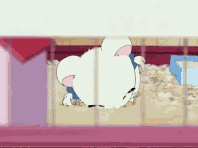 a cartoon hamster is laying on the ground in a cage