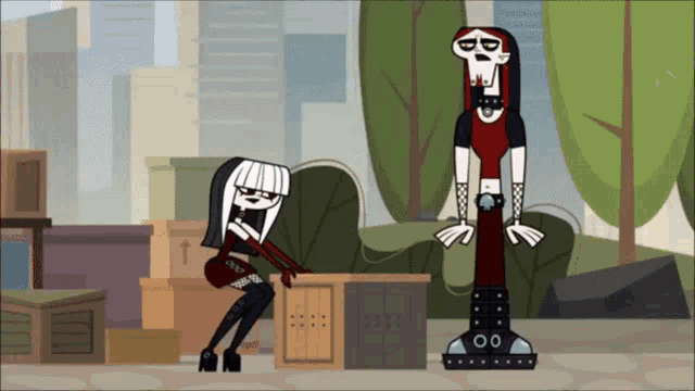 a couple of cartoon characters standing next to each other with one of them wearing a red shirt