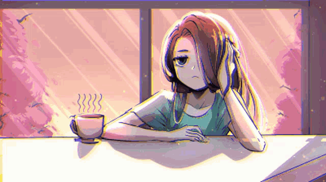 a pixel art drawing of a girl with a cup of coffee