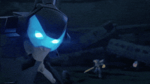 a person with blue eyes is holding a sword in a dark room