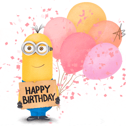 a minion holding balloons and a sign that says happy birthday