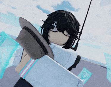a girl with black hair and a hat is holding a white shield