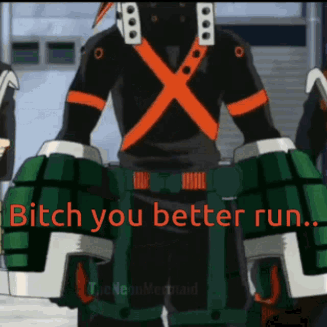 a man in a superhero costume is holding a bomb and says bitch you better run