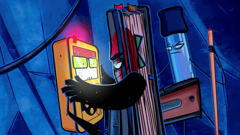 a cartoon drawing of a book and a stapler with arms and legs