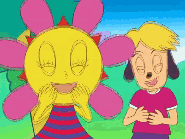 a cartoon of a boy and a flower with a face
