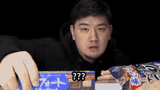 a man is holding a box of mini chocolate biscuits with a question mark on it