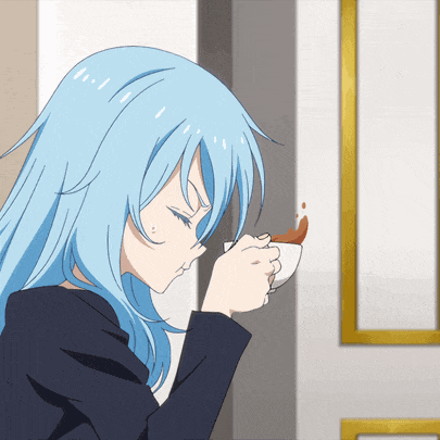 a blue haired anime character is drinking from a white cup