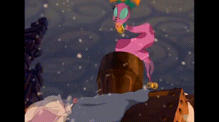 a cartoon of a woman standing next to a pink snake .