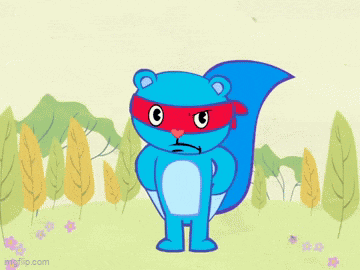 a blue squirrel wearing a red mask and a bandana is standing in a field .