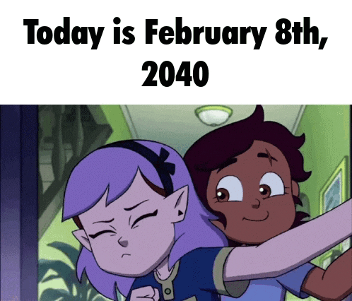 a cartoon of two girls hugging each other with the date february 8th 2040