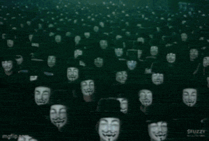 a group of people wearing masks with stuzzy written on the bottom right