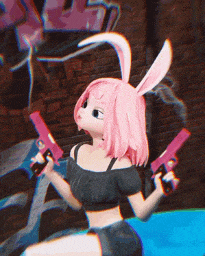a cartoon girl with pink hair and bunny ears is holding two pink guns