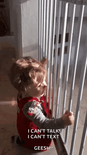 a baby is kneeling down in front of a fence and says i can 't talk i can 't text