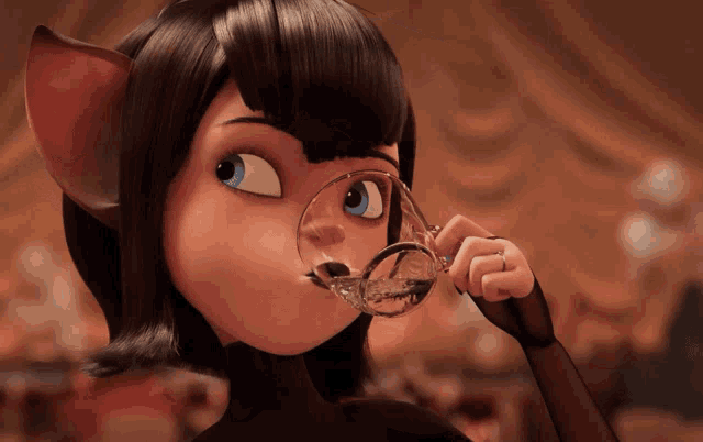 a cartoon character drinks from a glass with a ring on her finger