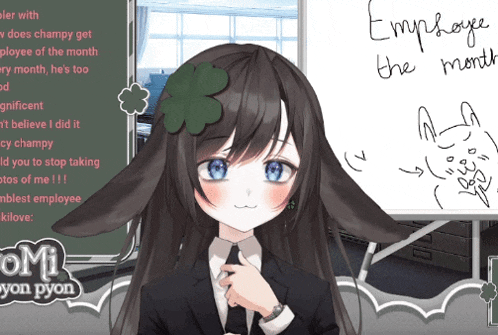 a girl with a clover in her hair stands in front of a whiteboard that says employee the month