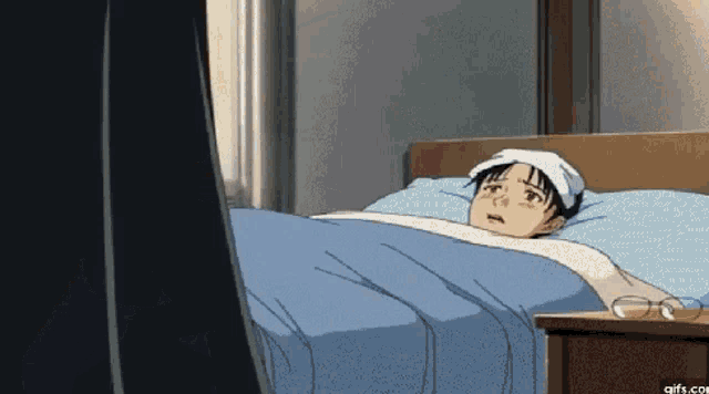 a cartoon of a man laying in bed with a towel on his head